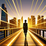 **Prompt:** A dynamic and inspiring image of a professional figure (gender-neutral) standing on a modern pathway or bridge, gazing towards a vibrant, interconnected city skyline bathed in golden light. Digital threads and glowing lines emanate from the person, connecting to various points representing opportunities, knowledge, and diverse professional fields. The scene symbolizes networking as a crucial, sustainable investment in the future, emphasizing growth, potential, and broad horizons.