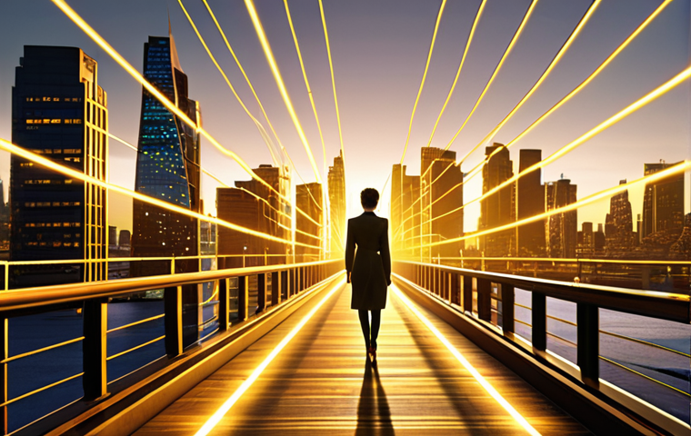 **Prompt:** A dynamic and inspiring image of a professional figure (gender-neutral) standing on a modern pathway or bridge, gazing towards a vibrant, interconnected city skyline bathed in golden light. Digital threads and glowing lines emanate from the person, connecting to various points representing opportunities, knowledge, and diverse professional fields. The scene symbolizes networking as a crucial, sustainable investment in the future, emphasizing growth, potential, and broad horizons.