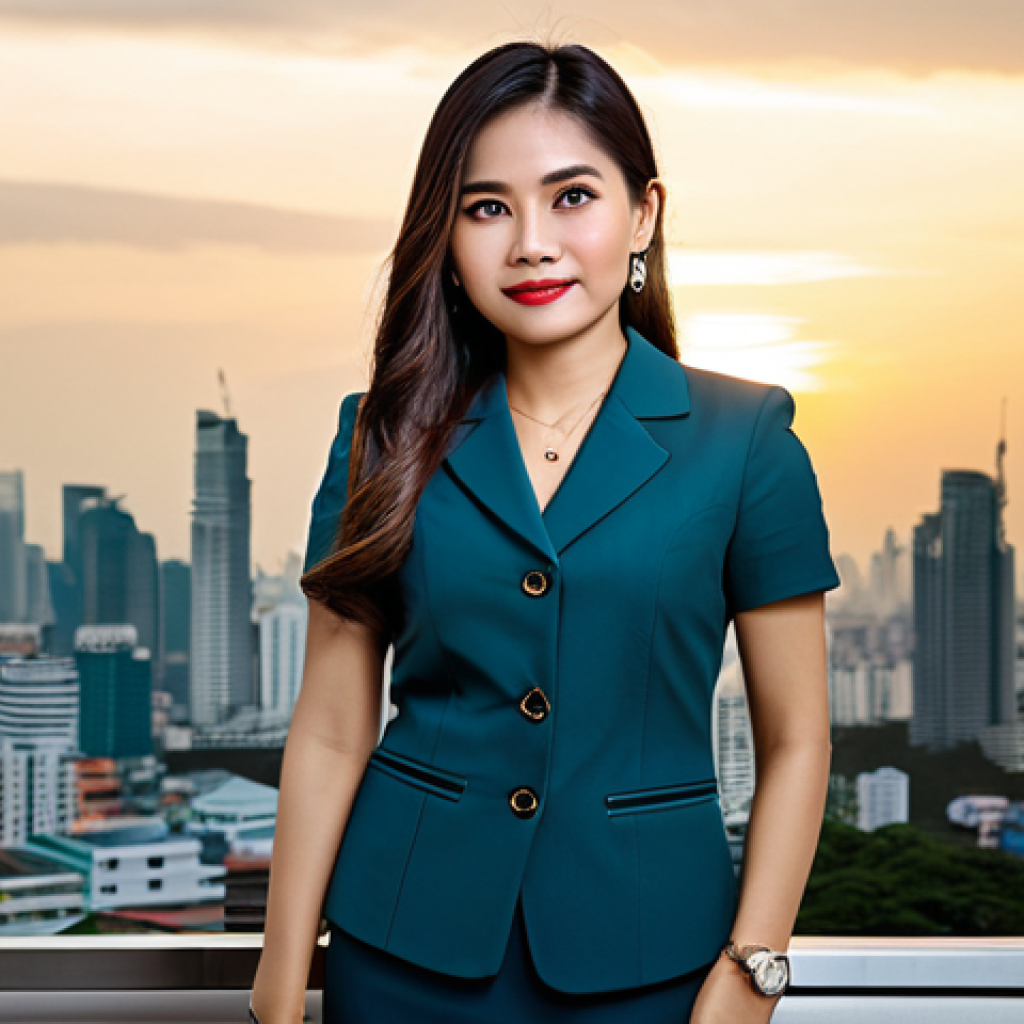 **Prompt:** A Thai businesswoman in a modern, modest, and professional dress, standing in front of the Bangkok skyline at sunset, fully clothed, appropriate attire, safe for work, perfect anatomy, natural proportions, professional photography, high quality, family-friendly.