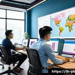 AI와 직업 변화  미래 직업군 전망 - A modern Thai office environment showcasing a diverse team of young professionals collaborating on a...