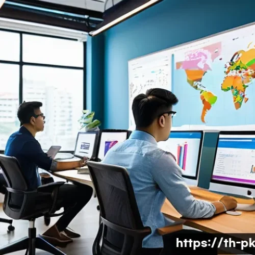 AI와 직업 변화  미래 직업군 전망 - A modern Thai office environment showcasing a diverse team of young professionals collaborating on a...