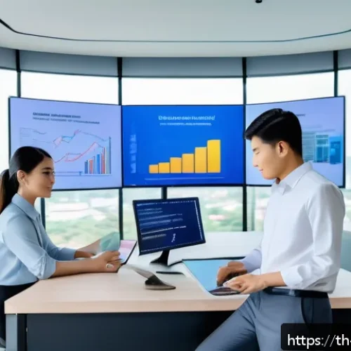 직업 변화에 따른 경력 개발의 중요성 - A modern Thai office environment with diverse young professionals collaborating on digital projects,...