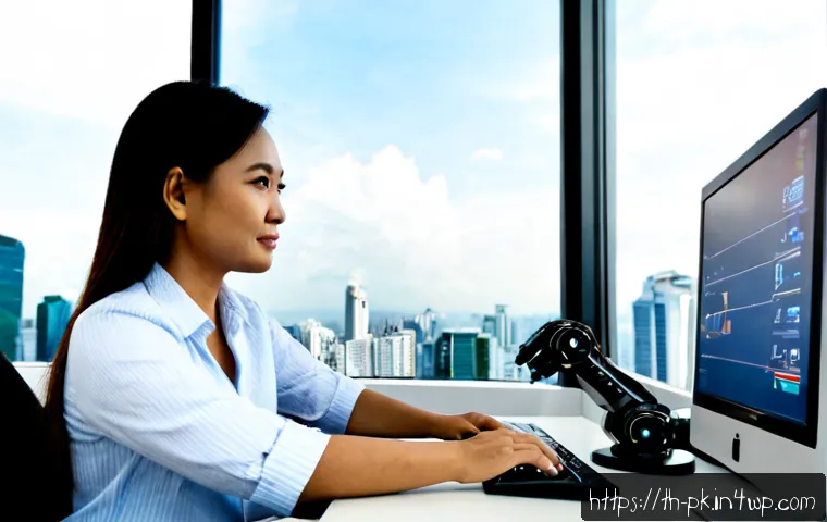 Home 17 기술 변화에 따른 직업의 가치 변화 - Photorealistic modern Bangkok office, a confident Thai middle-aged woman learning data analysis on a...